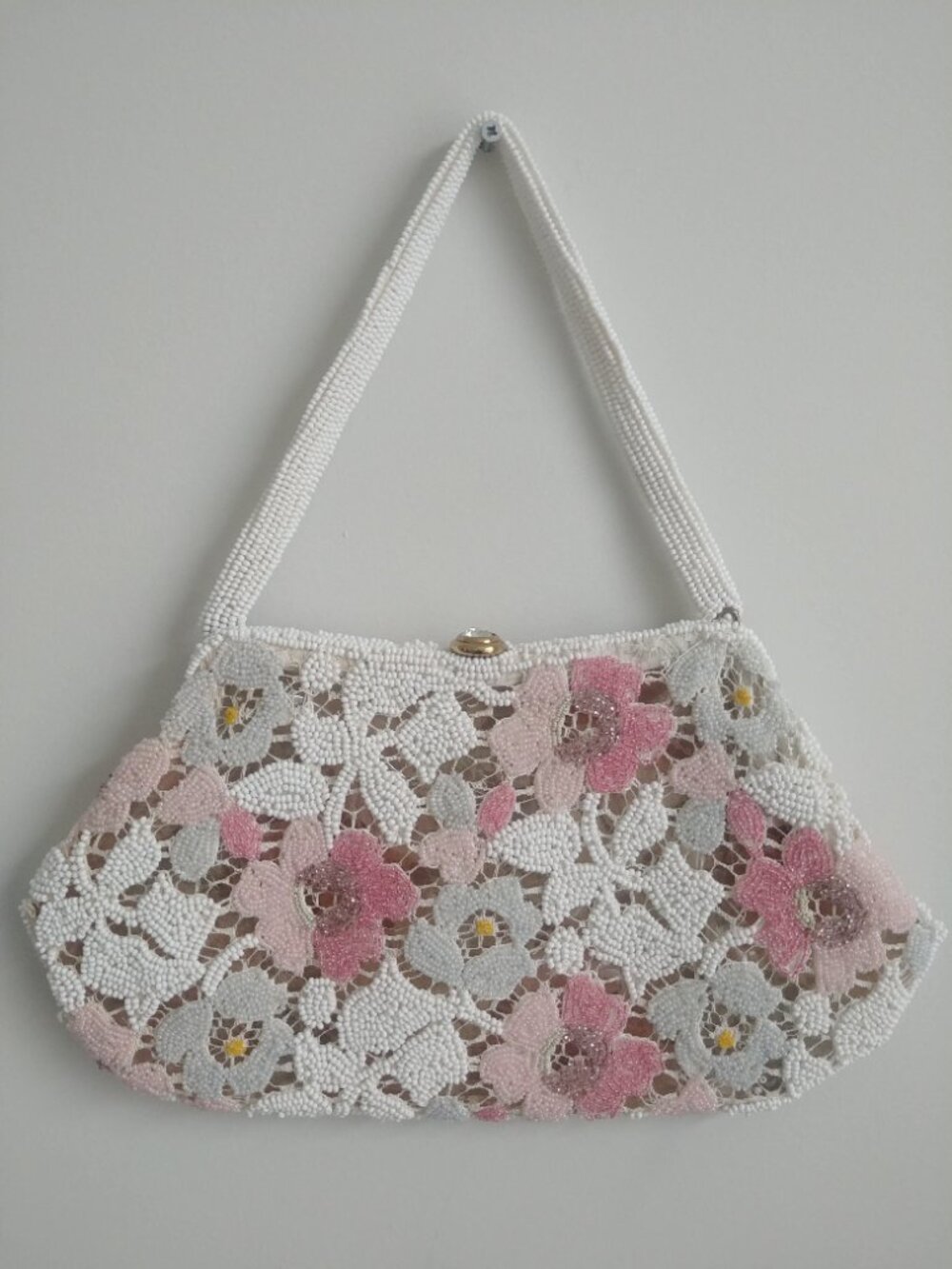 Vintage beaded bag purse white with pink and blue flowers